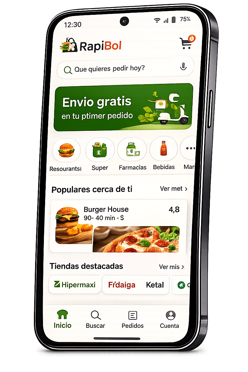 Pantalla principal de la app RapiBol mostrando restaurantes y tiendas cercanas